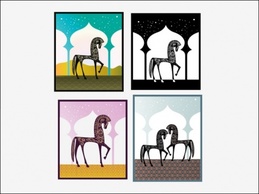 A set of four illustrations of stylized horses inspired by the 1001 Nights Persian Stories.