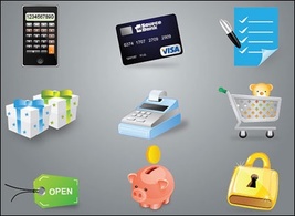 Calculator, credit cards, cash register, to save money pot