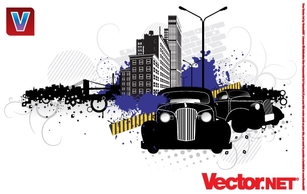 City Street Vector Art with Vintage Cars