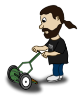 Comic characters: Guy pushing reel mower