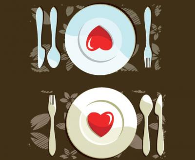 Dinner with hearts in the plates