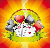 Gambling illustration with 3d casino symbols, cards and ribbon.