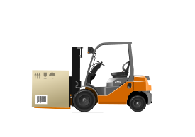 Orange forklift loader with box