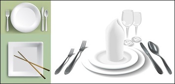 Plate, plates, chopsticks, knife, fork, red glasses, cups, utensils