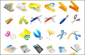Stapler, utility knife, scissors, calculator, pens